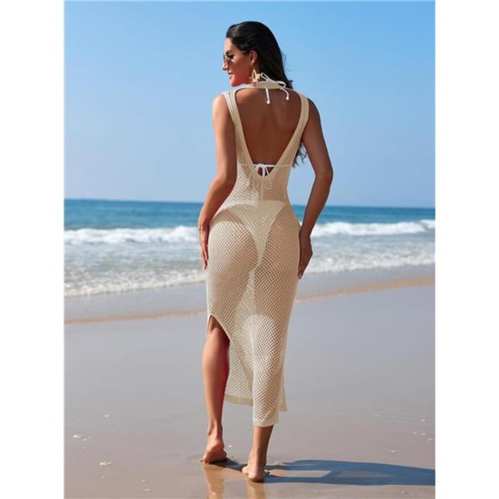 Women Crochet Swimsuit Cover Up Hollow Out Sleeveless Beach Dress Side Split - Picture 6 of 7